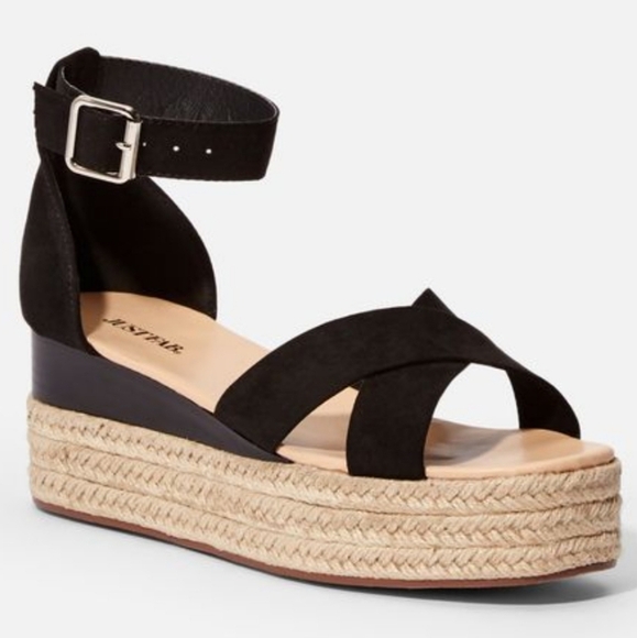 JUSTFAB Corinna Espadrille Sandals Black Suede Flat Wedges Women's 9 Ankle Strap - Picture 1 of 16